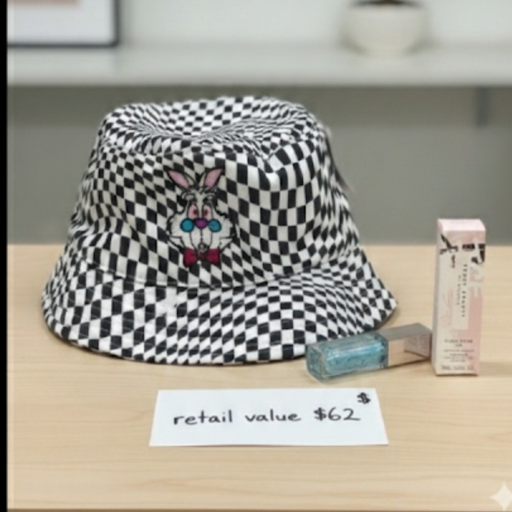 Fenty Beauty Black & White Checkered Bunny Embroidered Bucket Hat